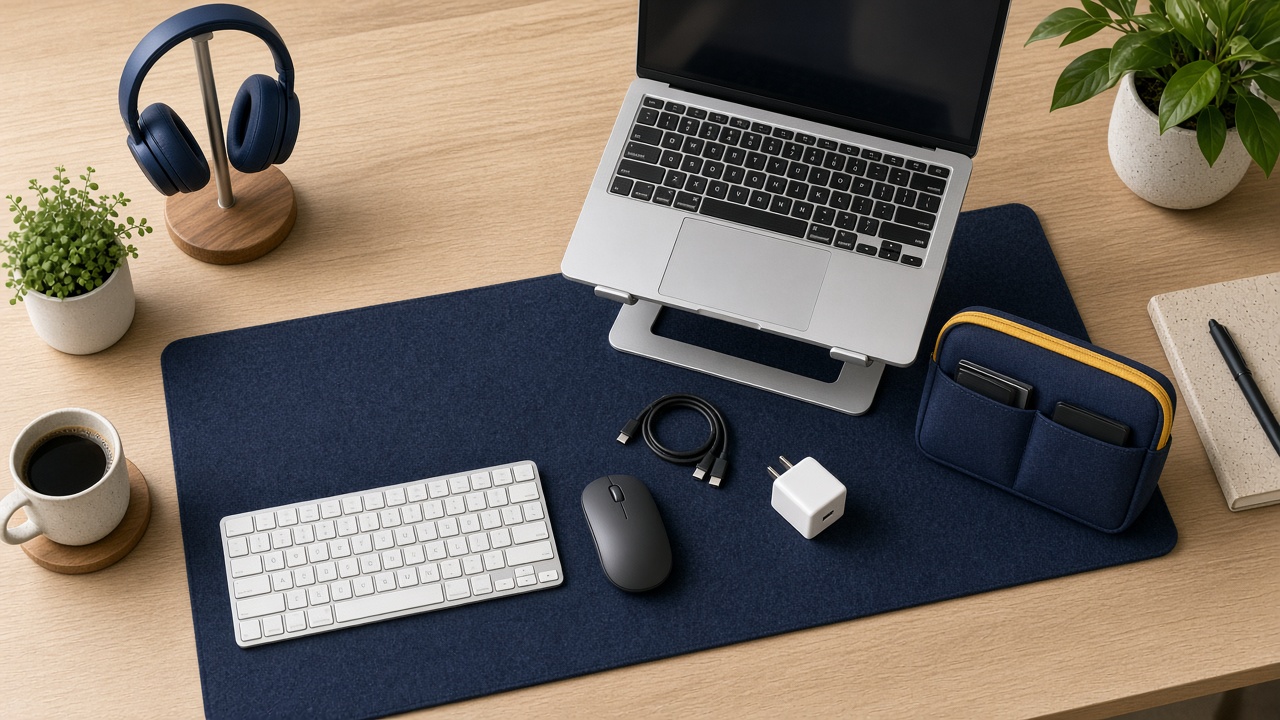 Tidy budget desk setup with a MacBook on a stand, keyboard, mouse, and desk mat