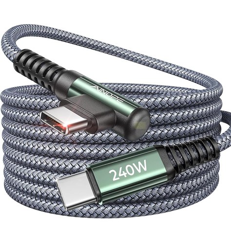 AINOPE gray braided 10-foot USB-C cable coiled, with one 90-degree right-angle plug and one straight plug labeled 240W