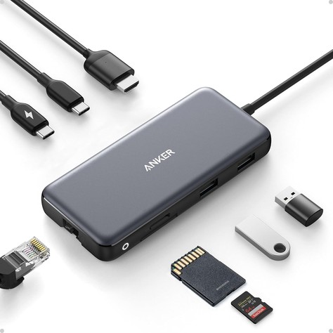 Anker 555 gray USB-C hub with fixed cable, HDMI, PD, USB-C, USB-A, Ethernet, and SD card accessories shown around it