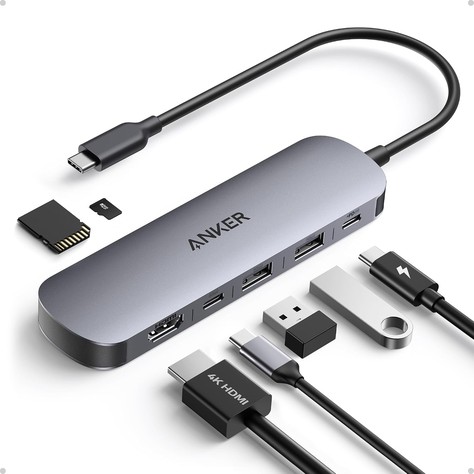 Anker gray slim 7-in-1 USB-C hub with fixed cable on a white background