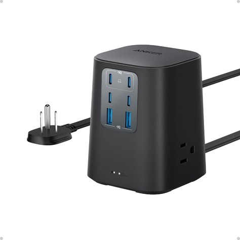Anker 9-in-1 100W charging station, a black square tower with USB-C and USB-A ports on the front and a flat plug