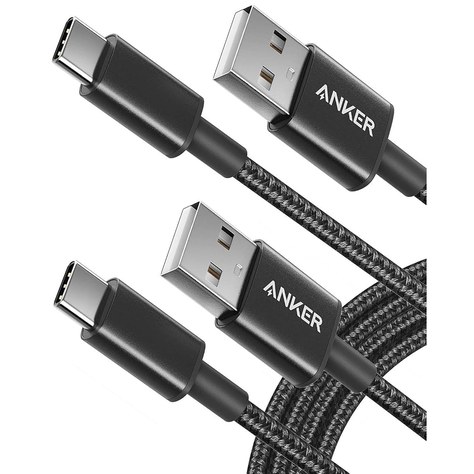 Close-up of two black braided Anker cables, each with a USB-A plug printed ANKER and a USB-C plug