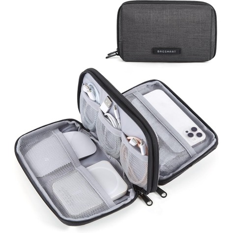 Dark grey BAGSMART dual-layer electronics organizer open with mesh pockets, elastic loops, phone and mouse, plus closed view with BAGSMART label