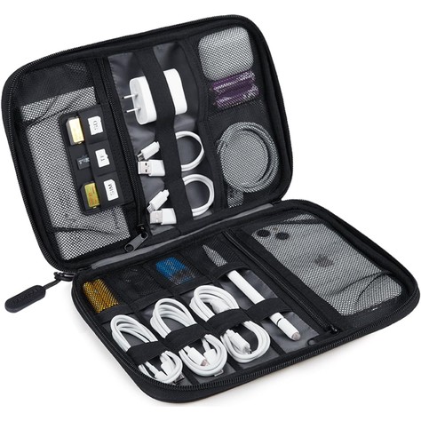 Black BAGSMART slim tech organizer open flat with elastic cable loops, zippered mesh phone pocket, and labeled SD TF SIM card slots