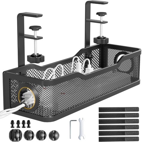 Cinati black metal mesh under-desk cable management tray with two C-clamps