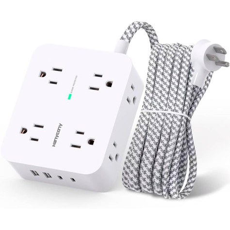 HANYCONY white cube-shaped power strip with eight outlets, four USB ports, and a braided cord with a flat plug