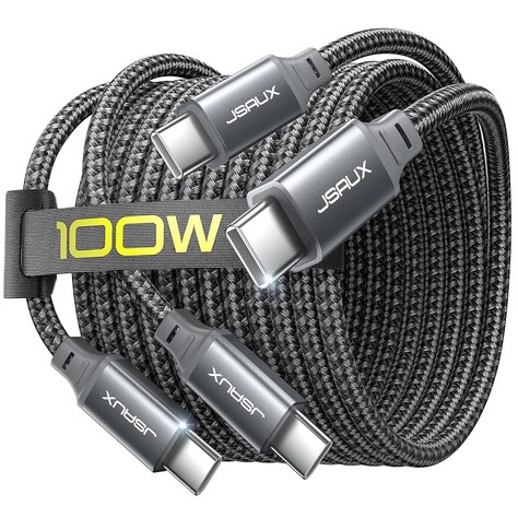 Two gray braided JSAUX 100W USB-C cables coiled together with a yellow-green 100W label strap
