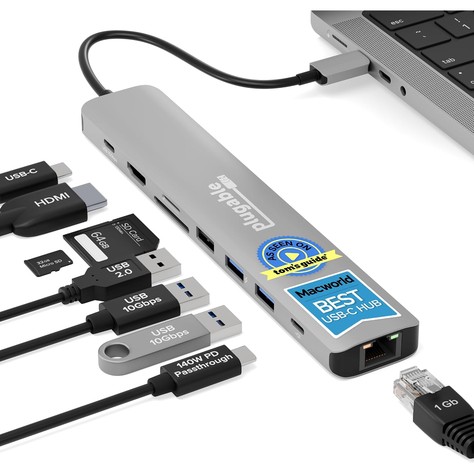 Plugable space-gray 9-in-1 USB-C hub with fixed cable on a white background