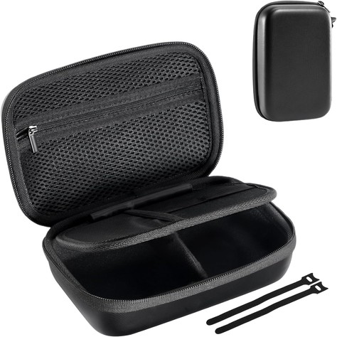 Black ProCase hard EVA electronics organizer open with mesh lid pocket, padded divider, and two base compartments, plus closed hard-shell inset and two cable ties