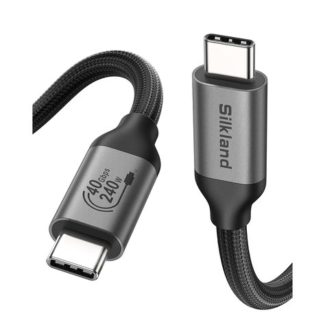 Close-up of a black braided Silkland USB4 cable with gray metal USB-C plugs, one marked 40Gbps 240W