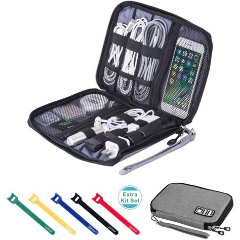 Grey Sunsir flat tech organizer open with elastic loops and mesh pockets, closed pouch inset, and five colorful cable ties