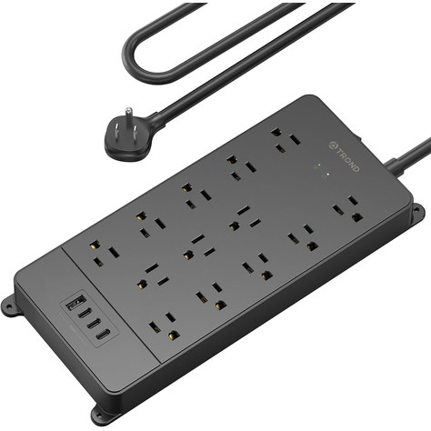 TROND black 13-outlet surge protector power strip with four USB ports, screw-mounting tabs, and a flat plug