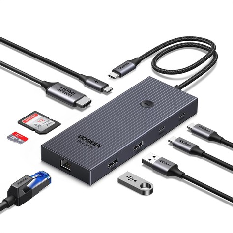 UGREEN Revodok Pro gray 9-in-1 USB-C hub with Ethernet, HDMI 4K60, PD, 10Gbps ports, SD cards, and HDMI off button